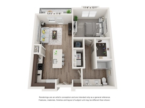 Floor plan for 1 bed, 1 bath, 752 sqft